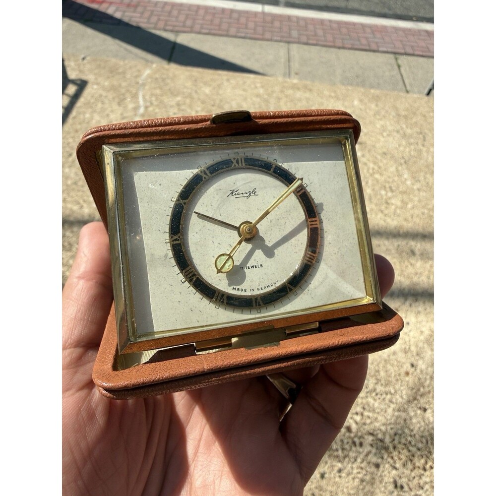 Vintage Kienzle 7 Jewel Mechanical Travel Alarm Clock Germany Folding Case Ticks